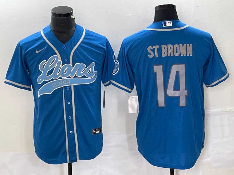 Mens Detroit Lions #14 Amon Ra St Brown Blue With Patch Cool Base Stitched Baseball Jersey